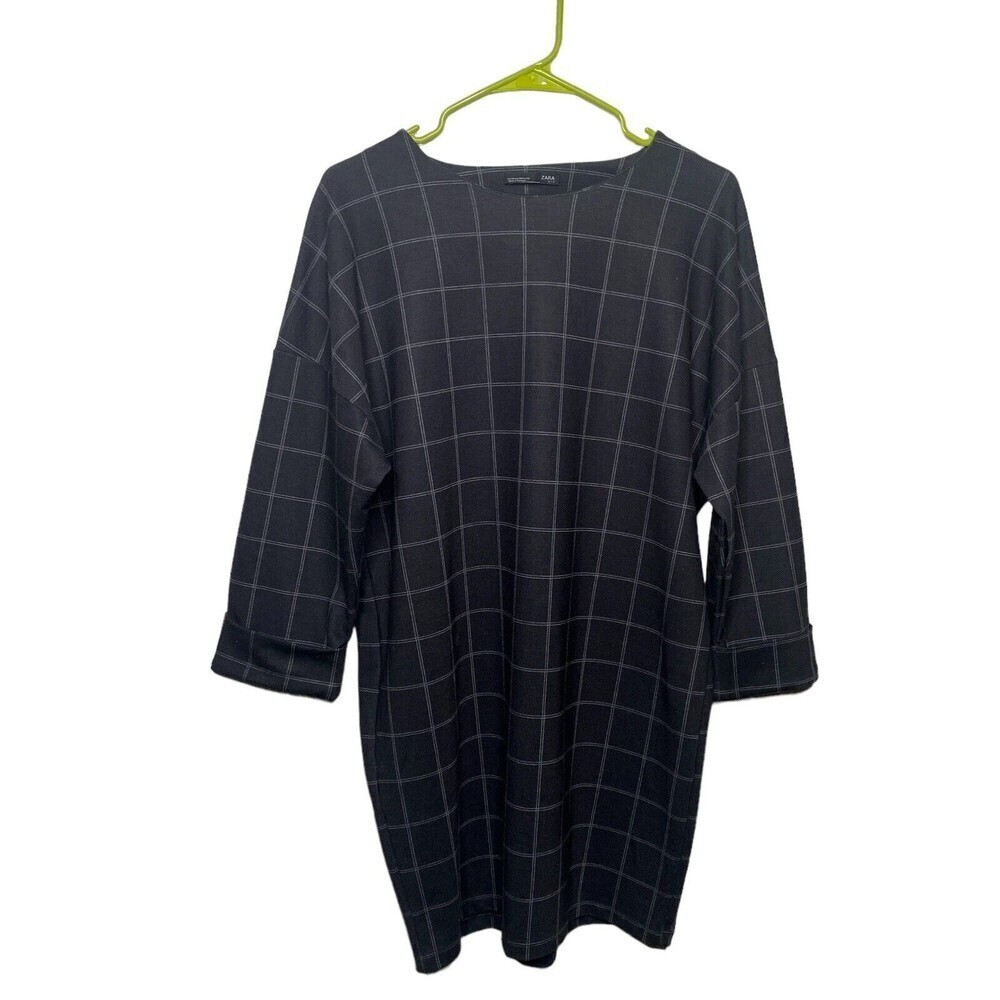 Zara Dress SZ Medium Womens Black White Check 3/4 Sleeve Stretch Academia